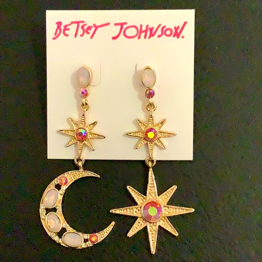 Betsey Johnson Celestial Moon & Stars Mismatch Drop Dangle Earrings